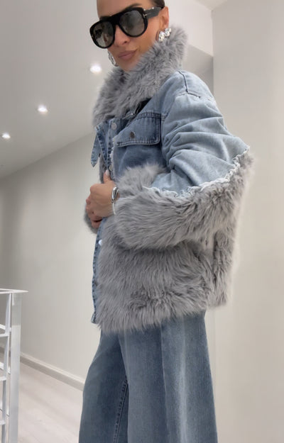 Flvex London – Jacket with a Combination of Gray Fur and Denim